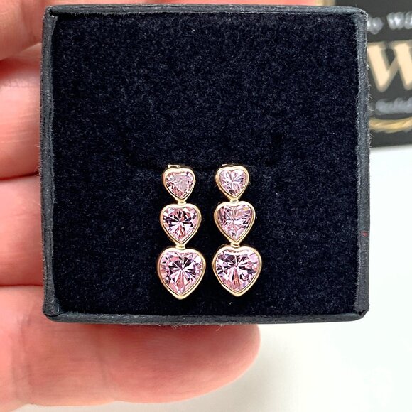 10k Solid Yellow Gold Genuine Pink CZ Heart Earrings (.68 inch) - Picture 1 of 10